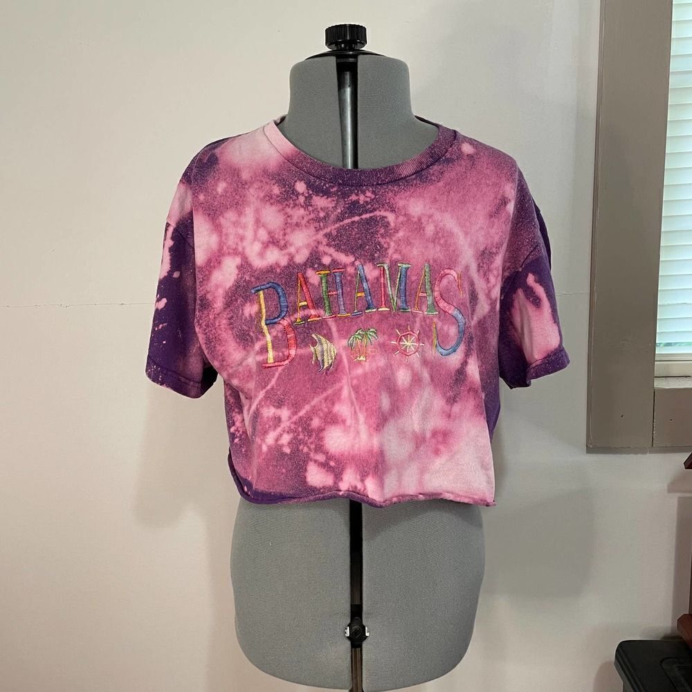 Pink and Purple Tie Dye Cropped Embroidered Bahamas T Shirt Possible Medium